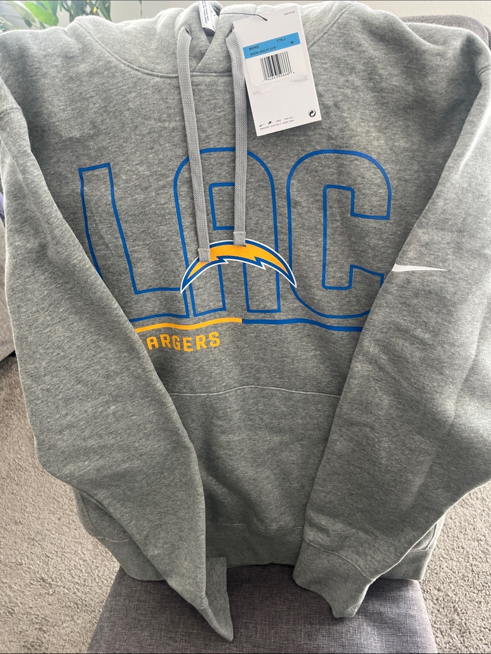 Nike Grey Los Angeles Chargers Hoodie Sweatshirt with Blue & Yellow Logo
